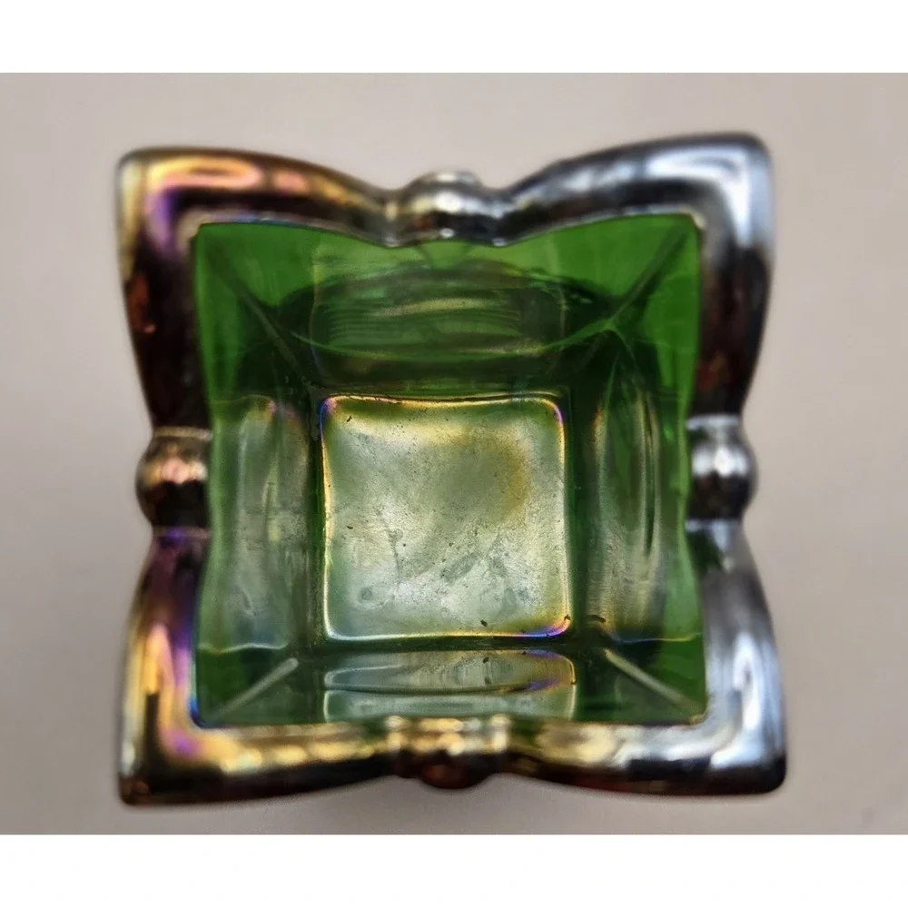 Vintage Toothpick Holder Collectable  Joe St.Clair Iridescent Green Glass Square
